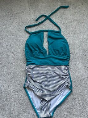 Teal & Black Stripe One-Piece Halter Swimsuit